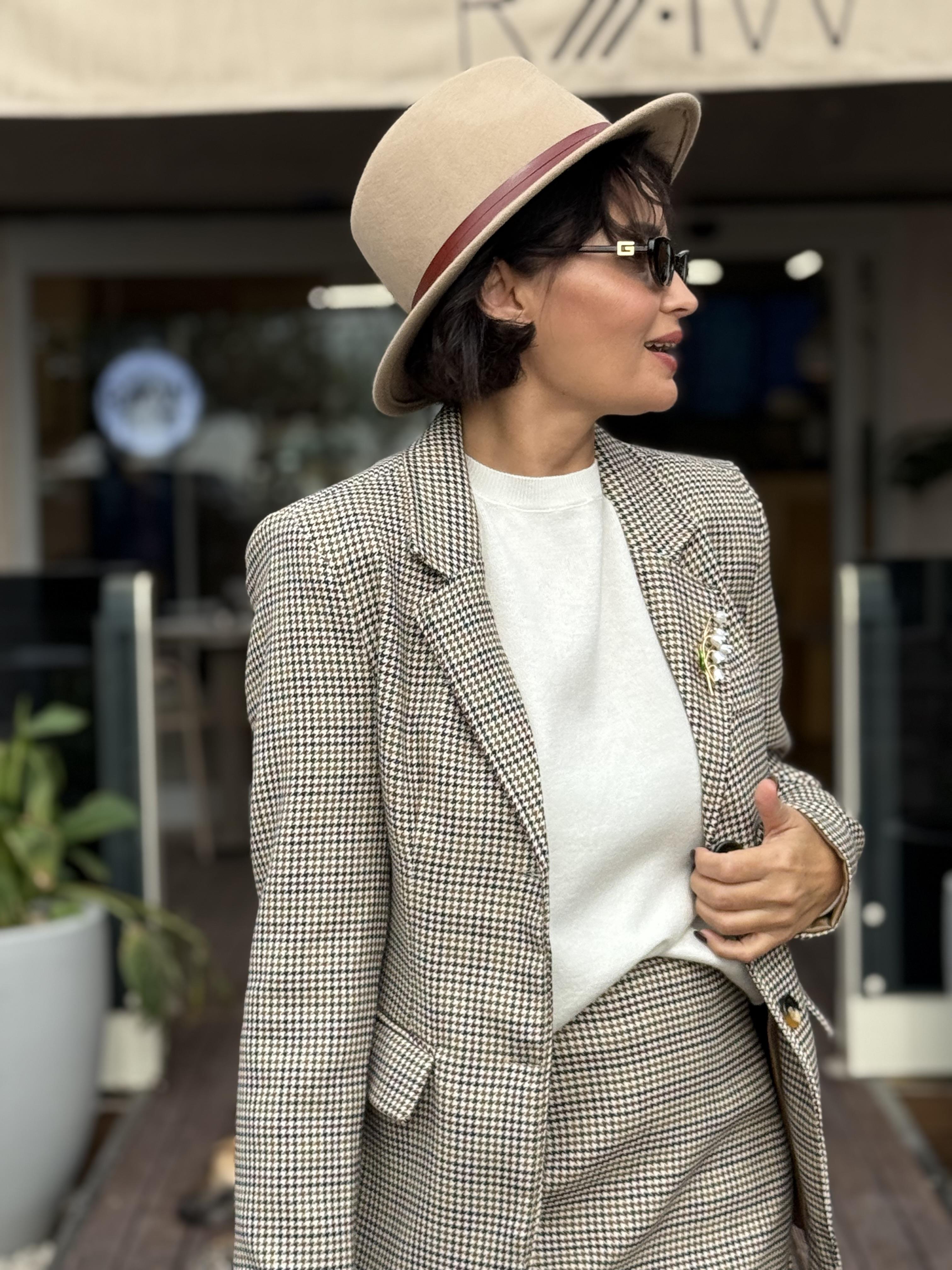 Kazayağı Desenli Blazer Ceket Kahverengi