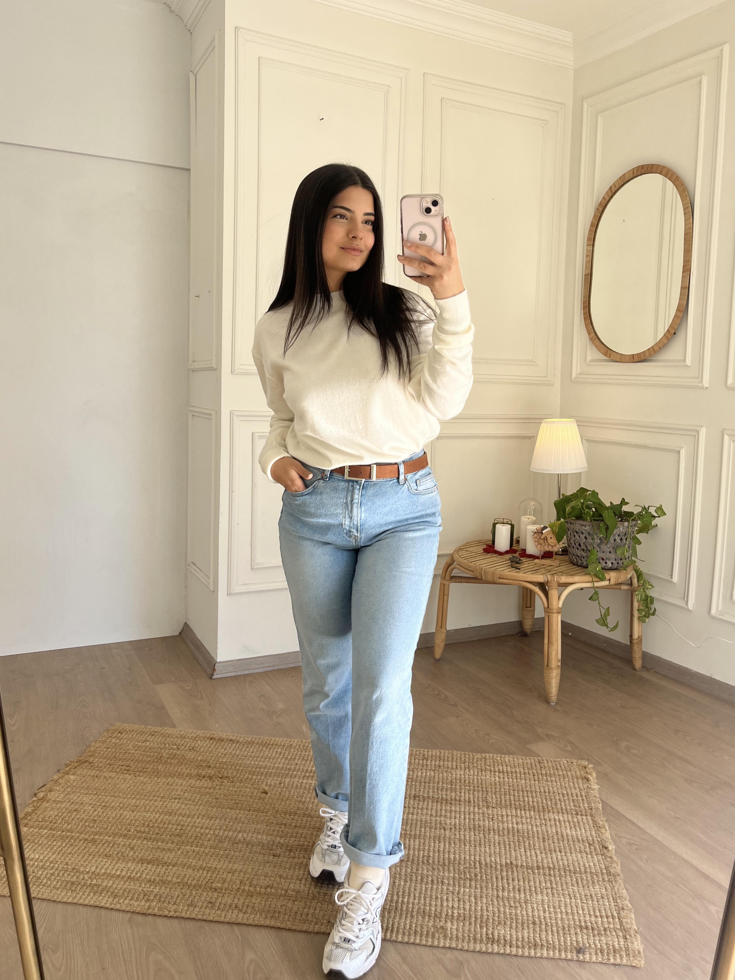 Kemerli Krl Mom Blue Jean