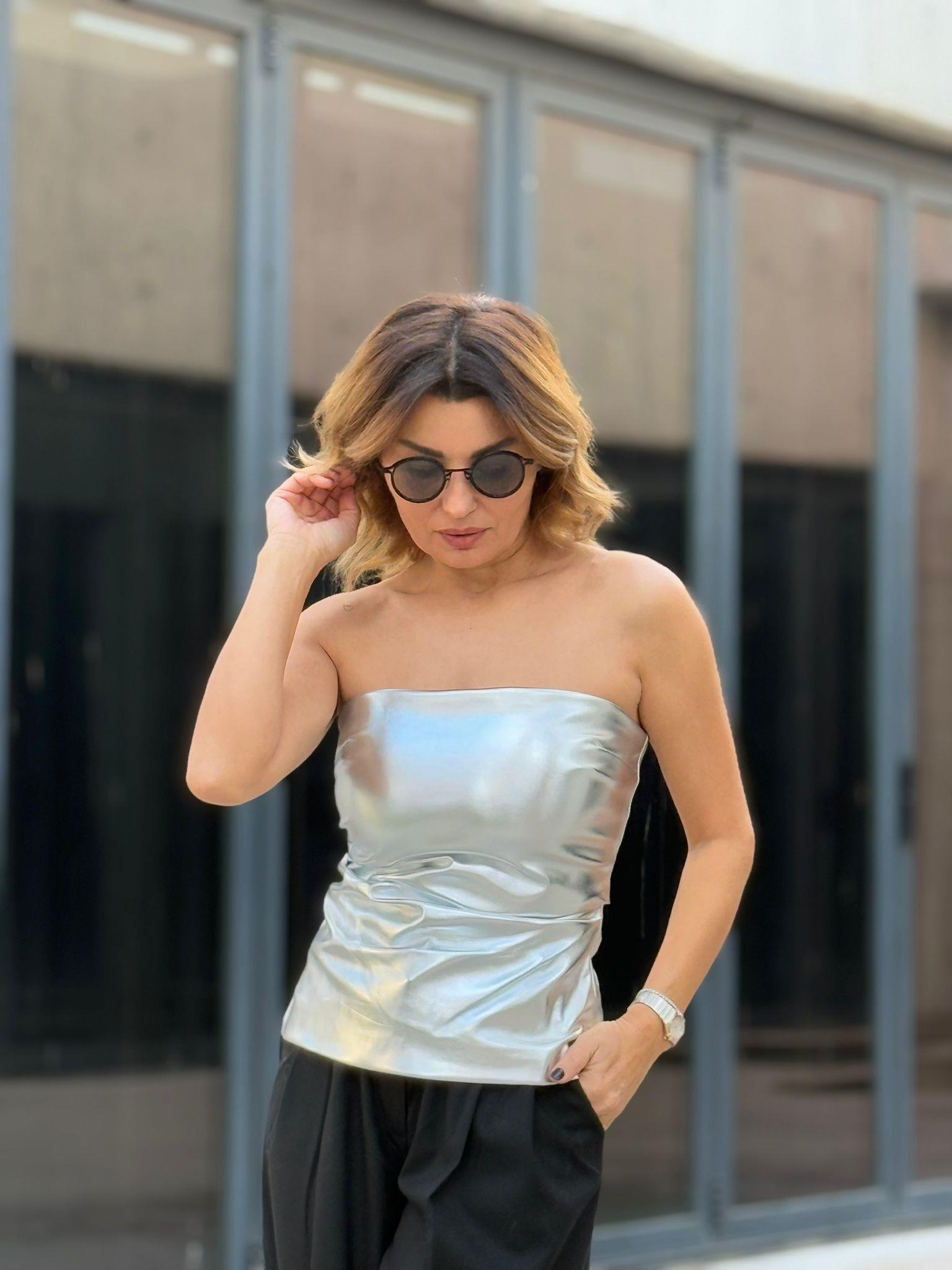 Metalik Straplez Bluz Gümüş