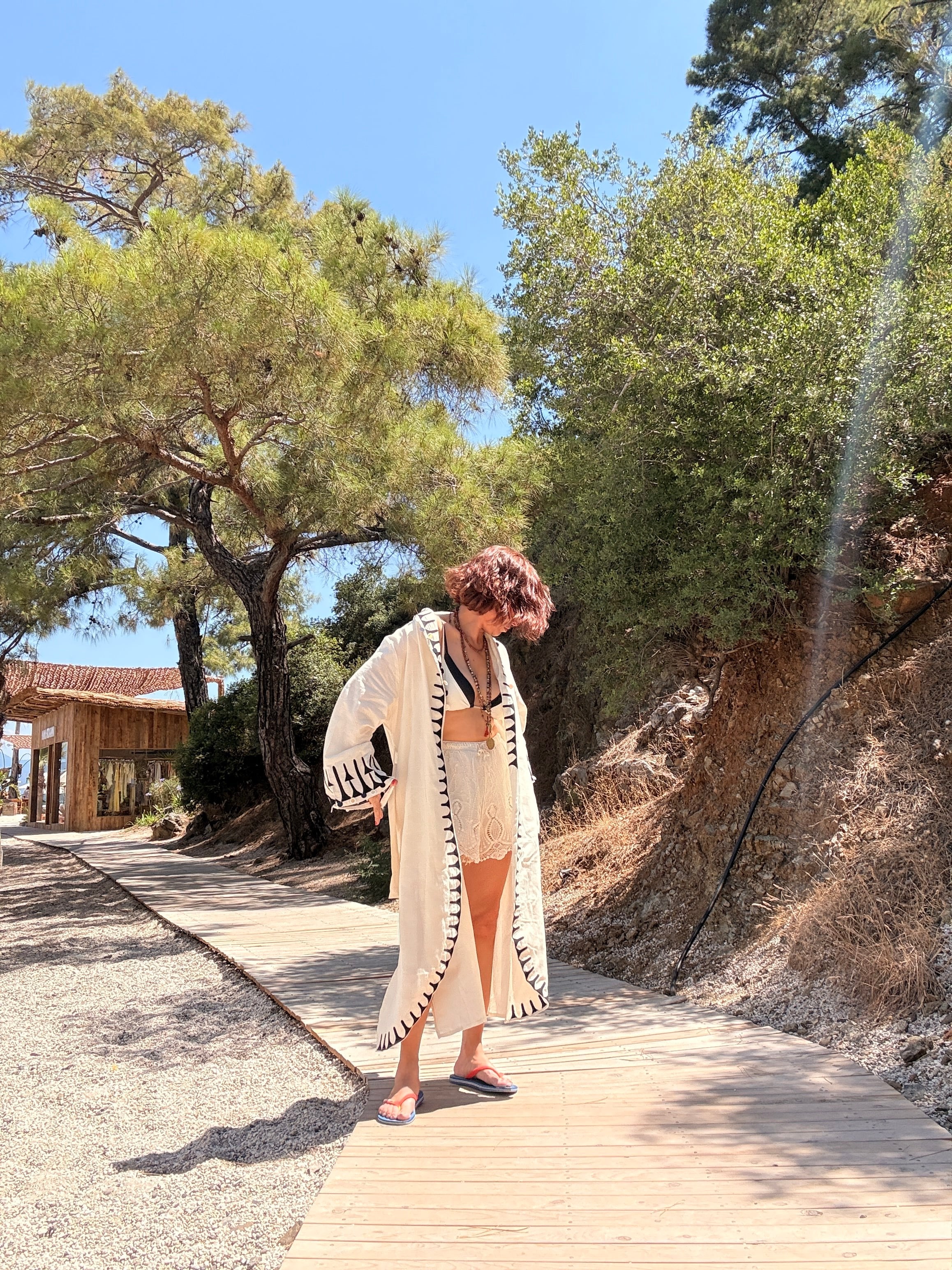 Nakışlı Naturel Kumaş Bohem Kimono