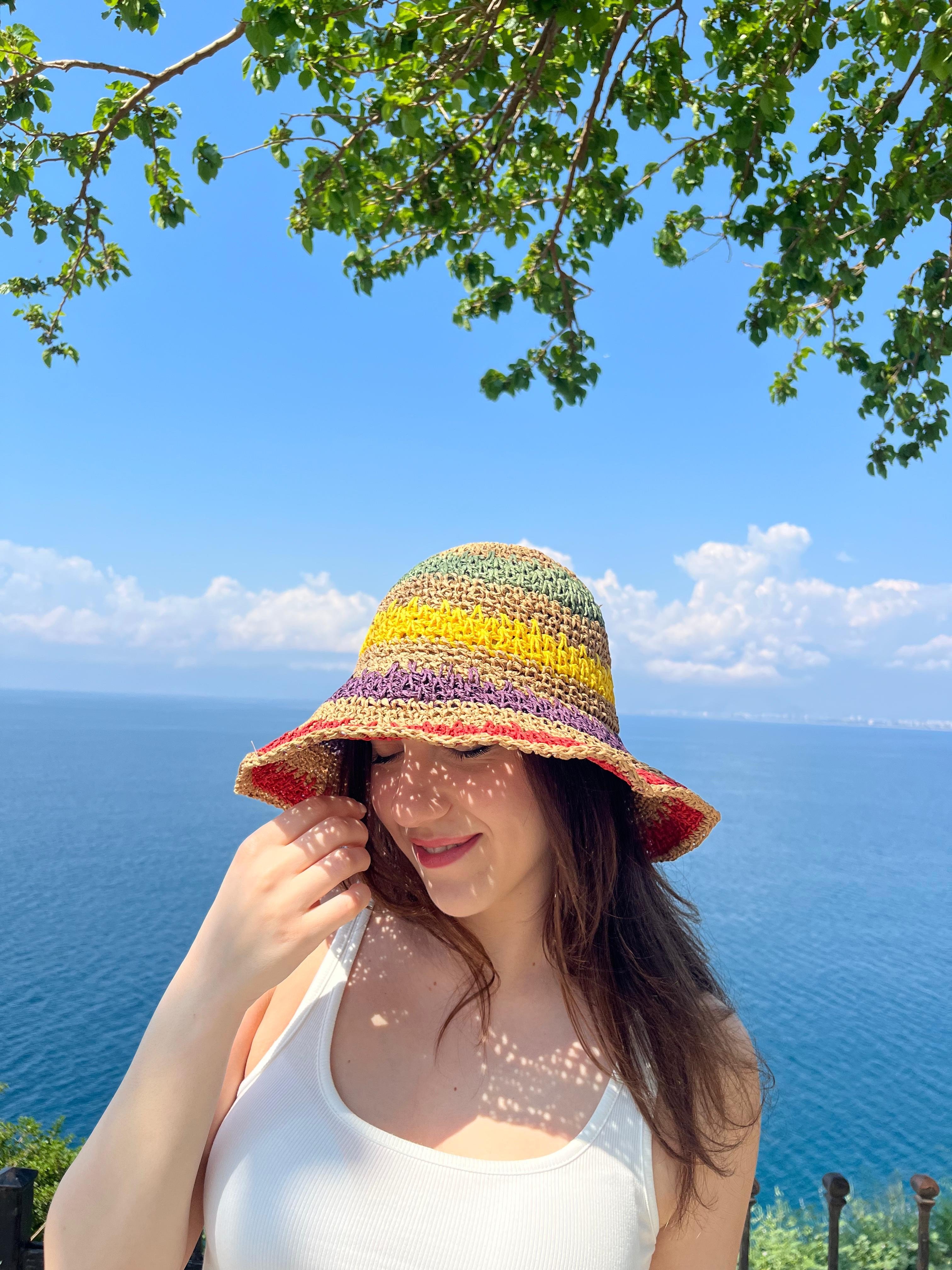 natural çizgili hasır Şapka