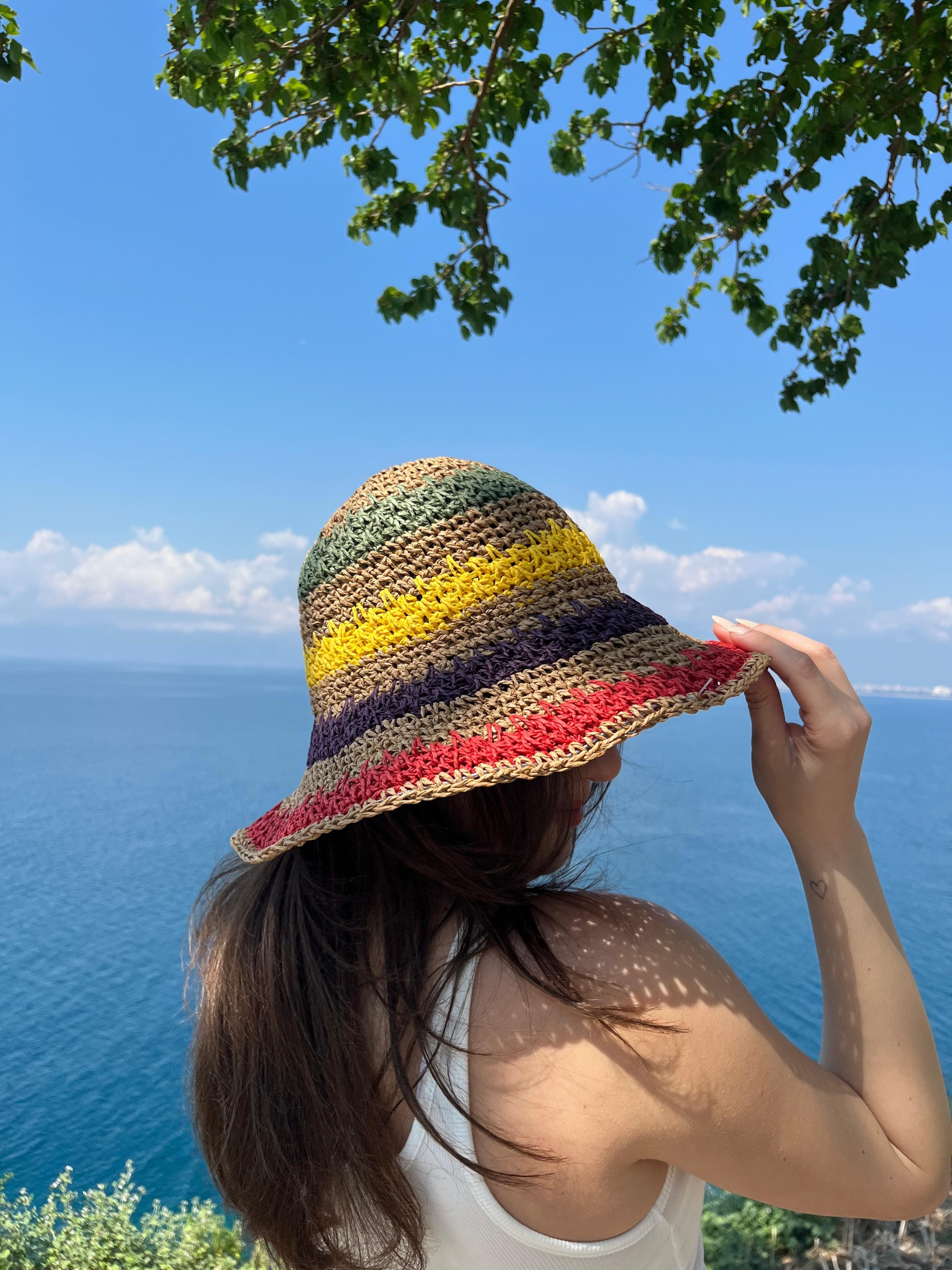 Natural koyu çizgili hasır Şapka