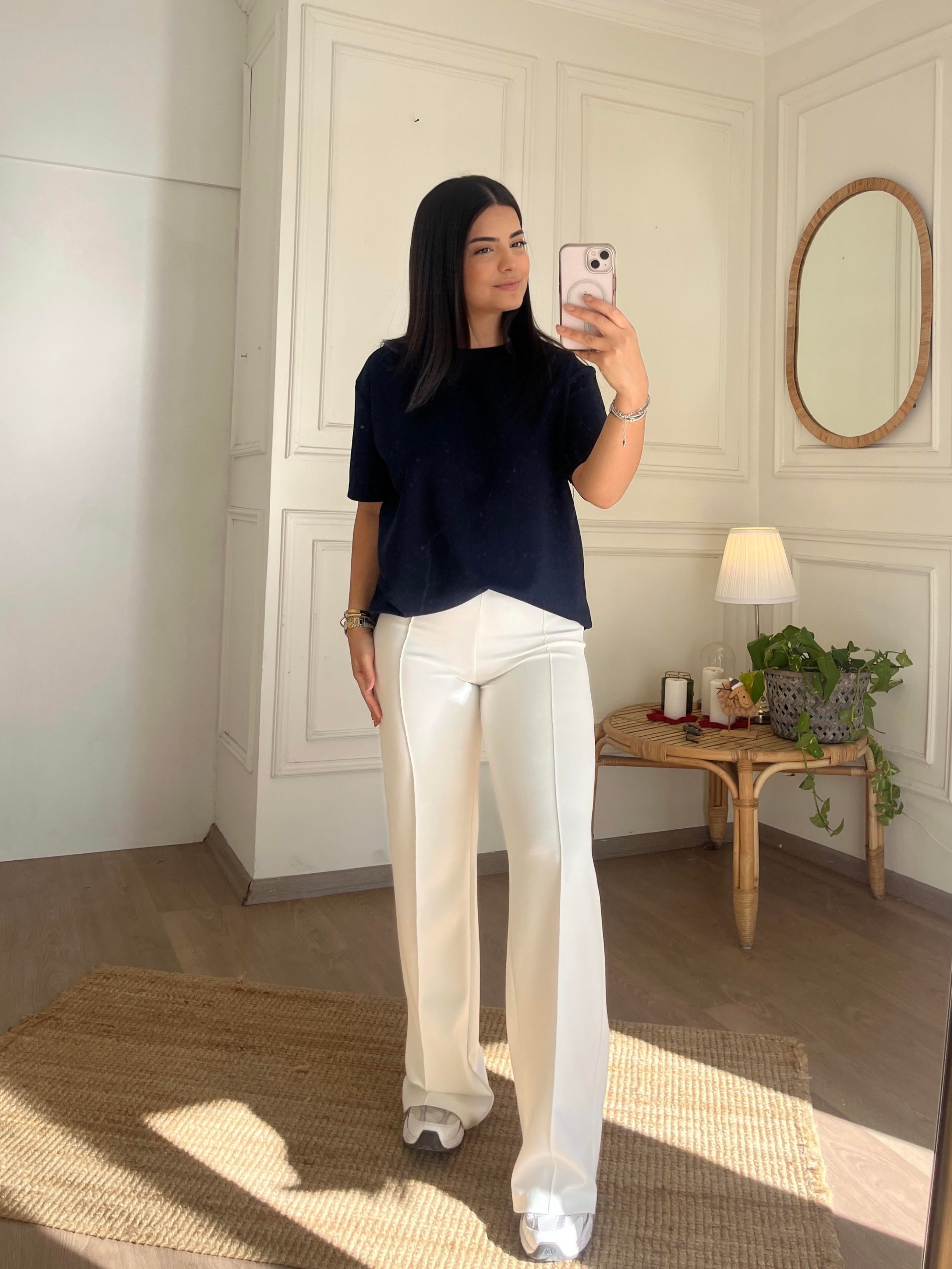 Nervürlü Beli Lastikli Modal Kumaş Pantolon Beyaz