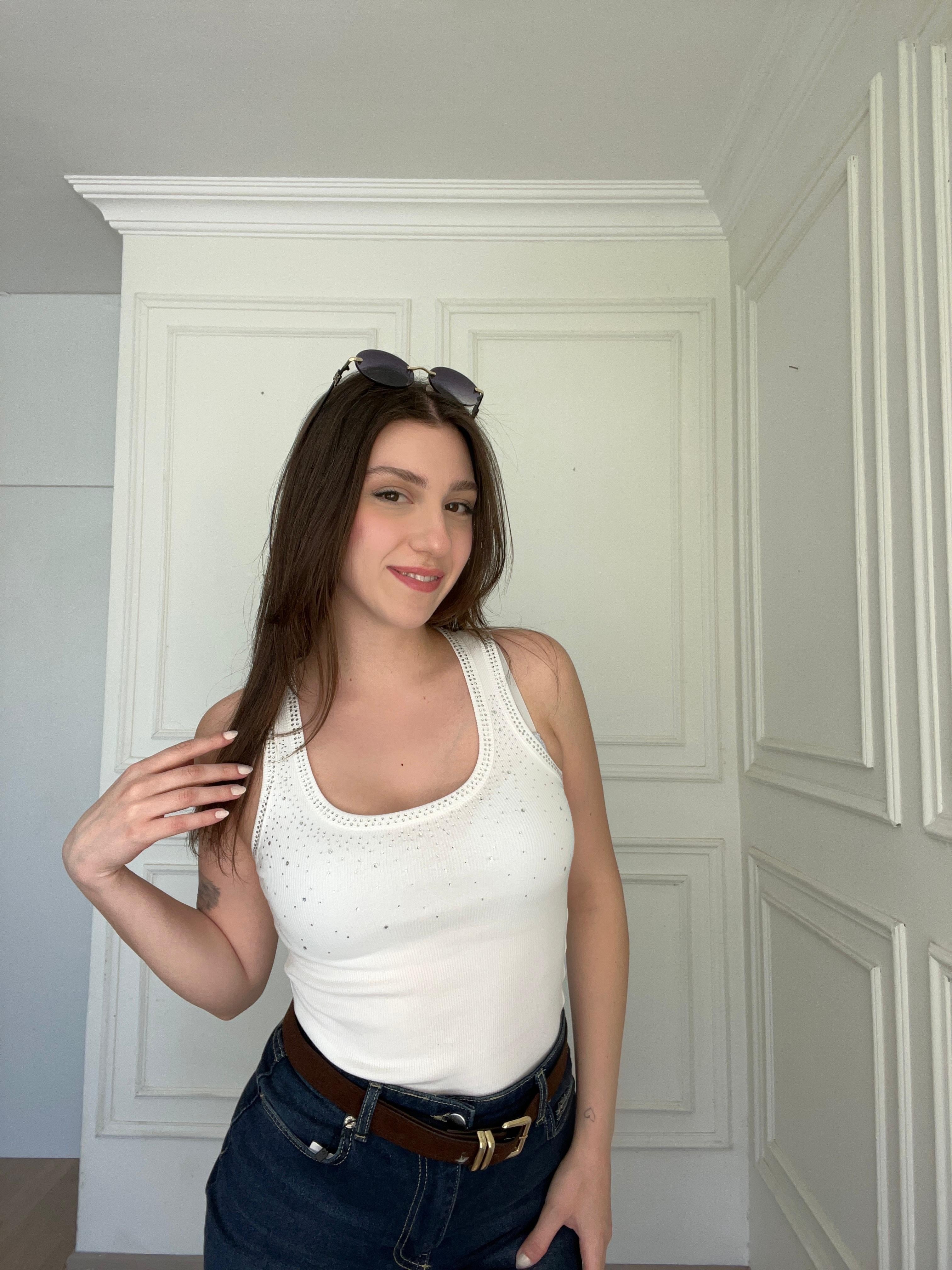 Önü Taş Detaylı Atlet Beyaz
