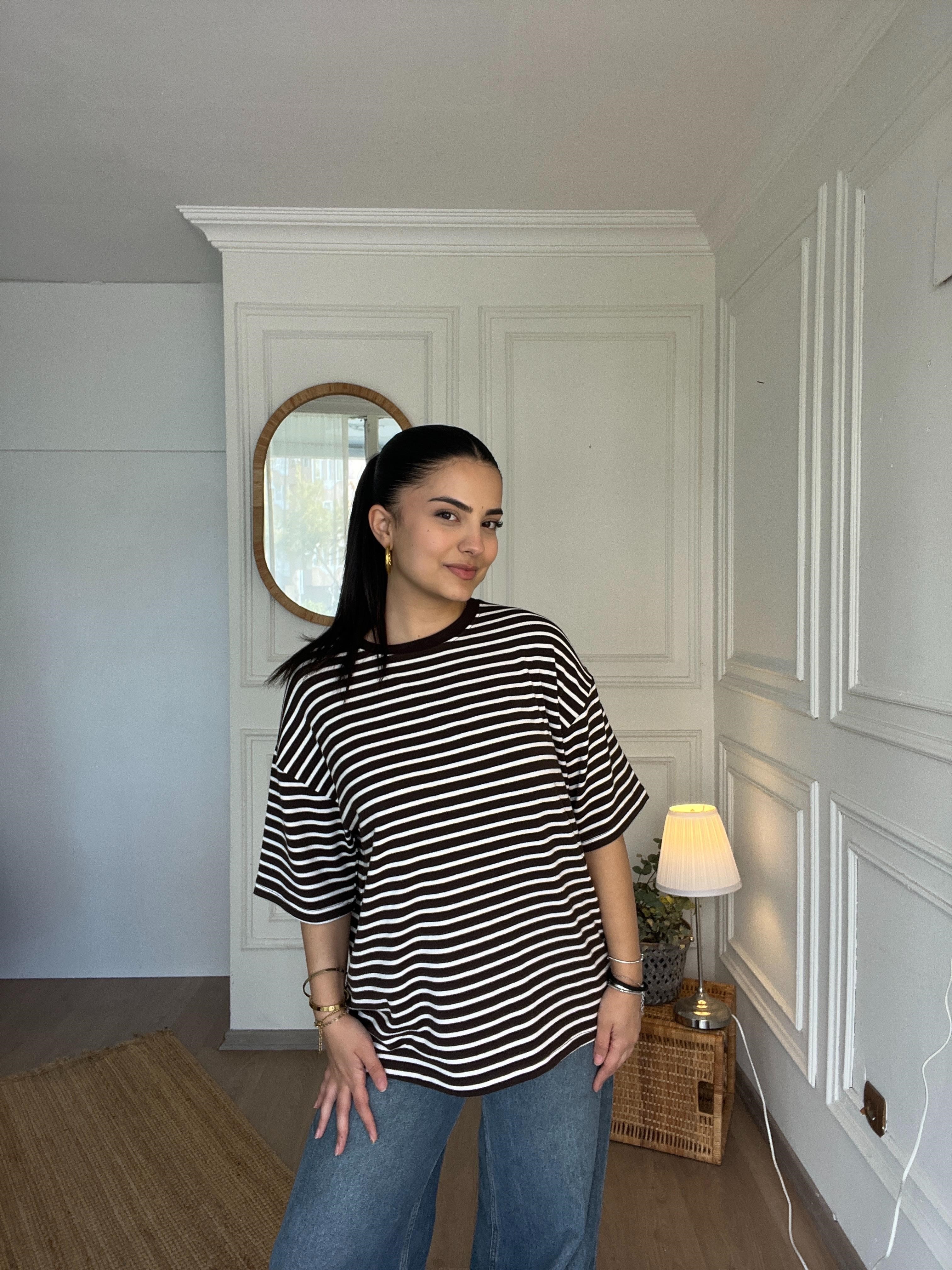 Oversize Basic Çizgili Tshirt Kahverengi