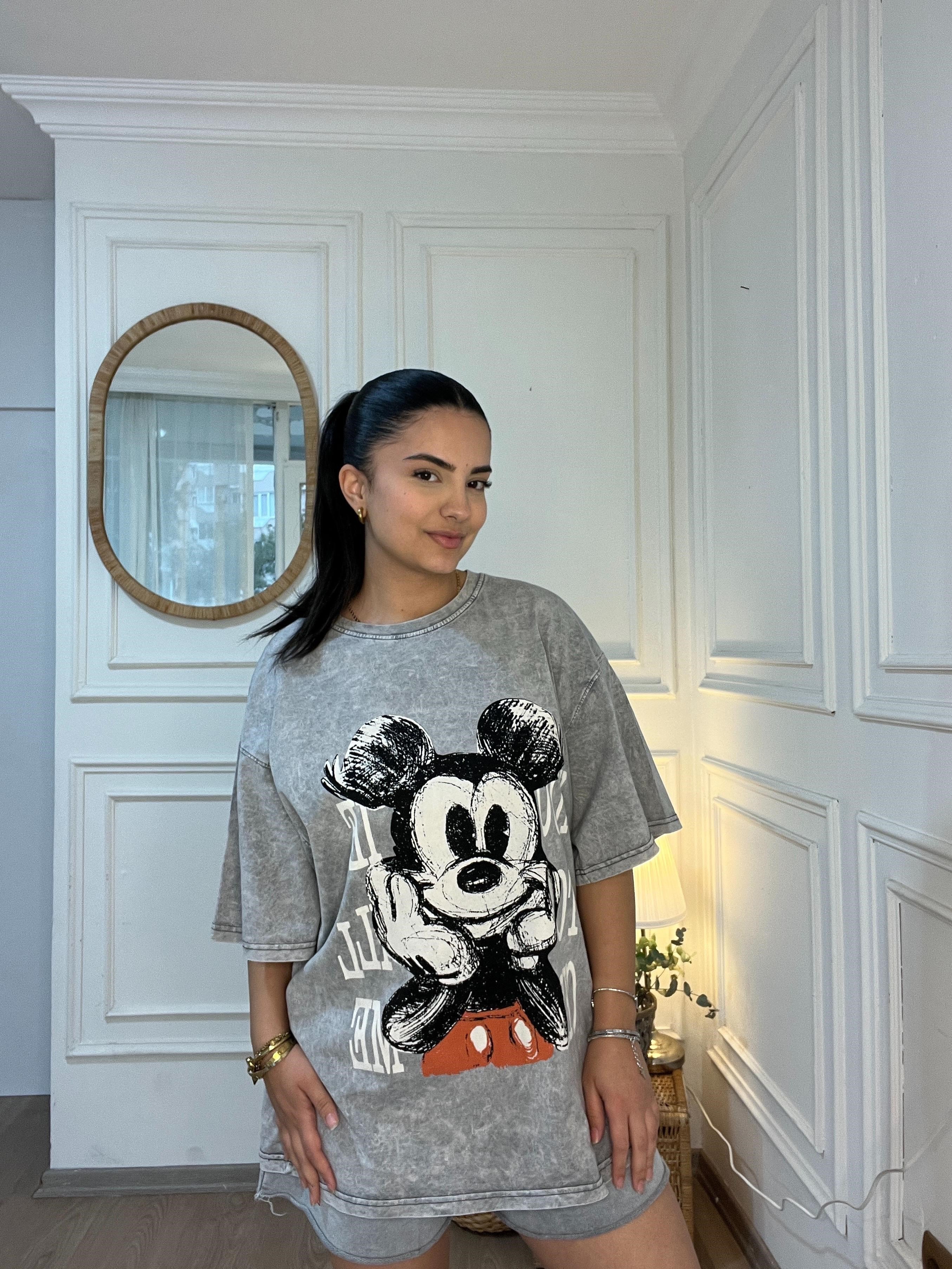 Oversize Mickey Baskılı Tshirt Gri