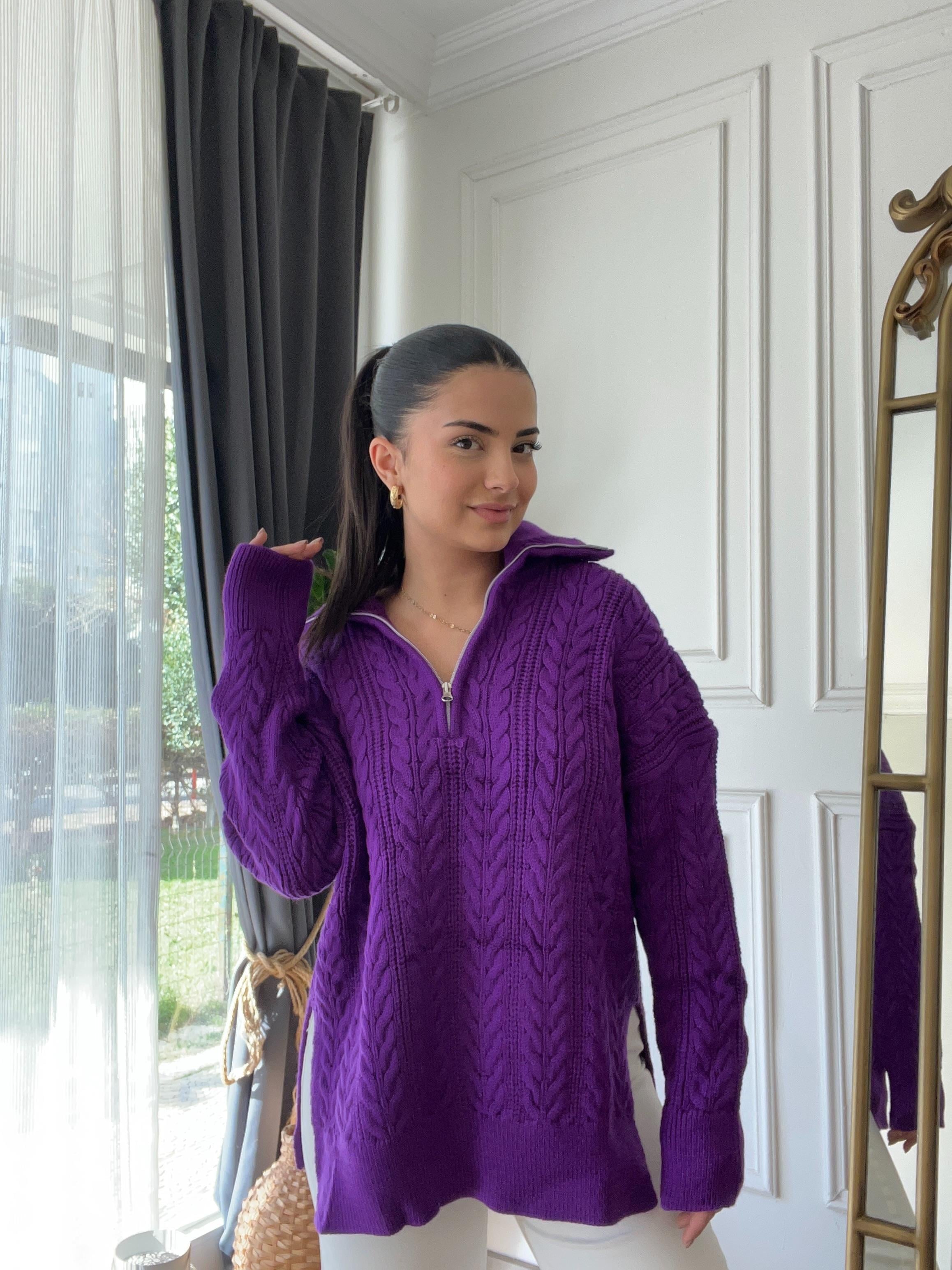 Saç Örgü Motifli Fermuarlı Kazak Mor