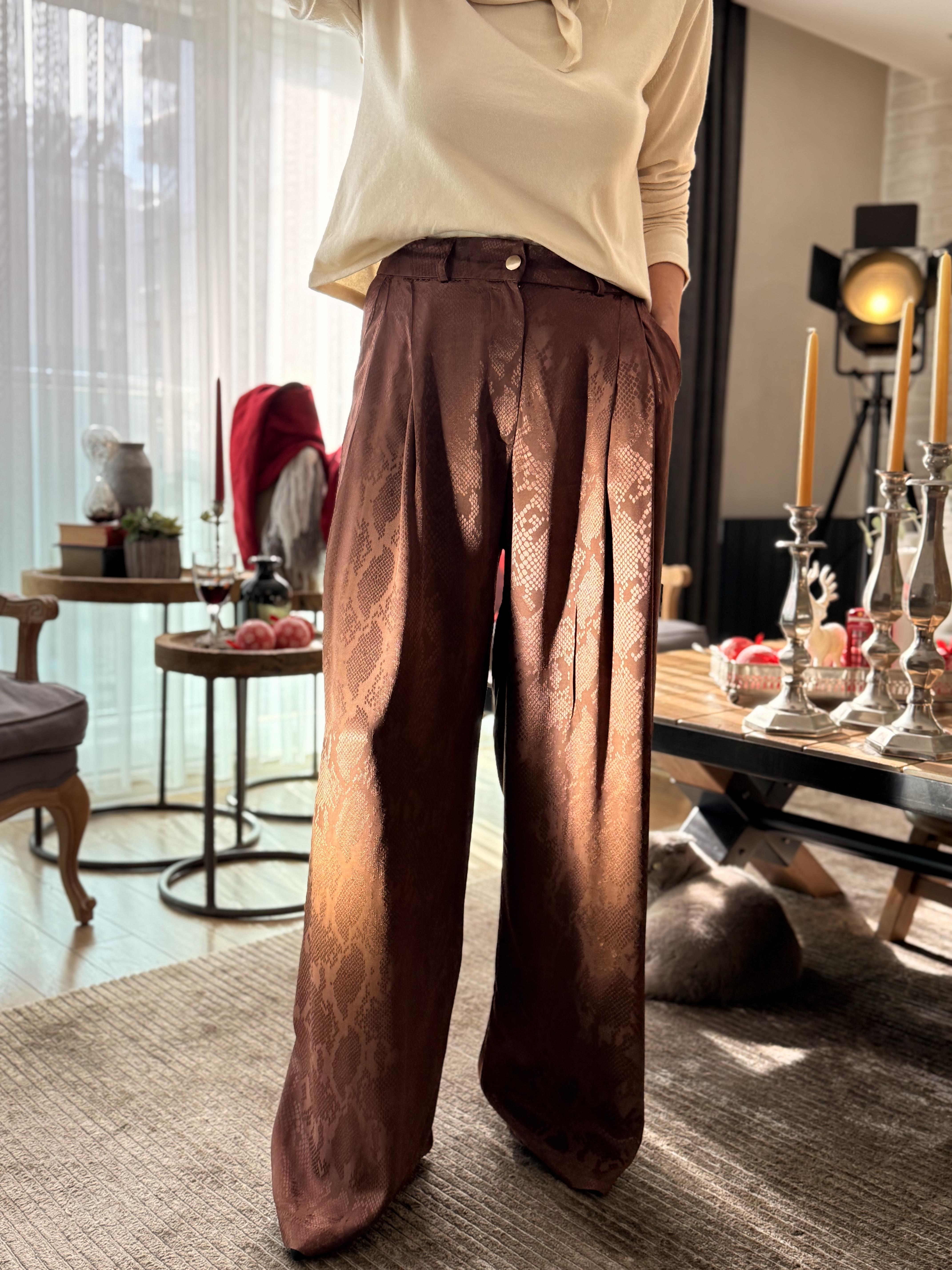 Saten Jakarlı Palazzo Pantolon Tarçın
