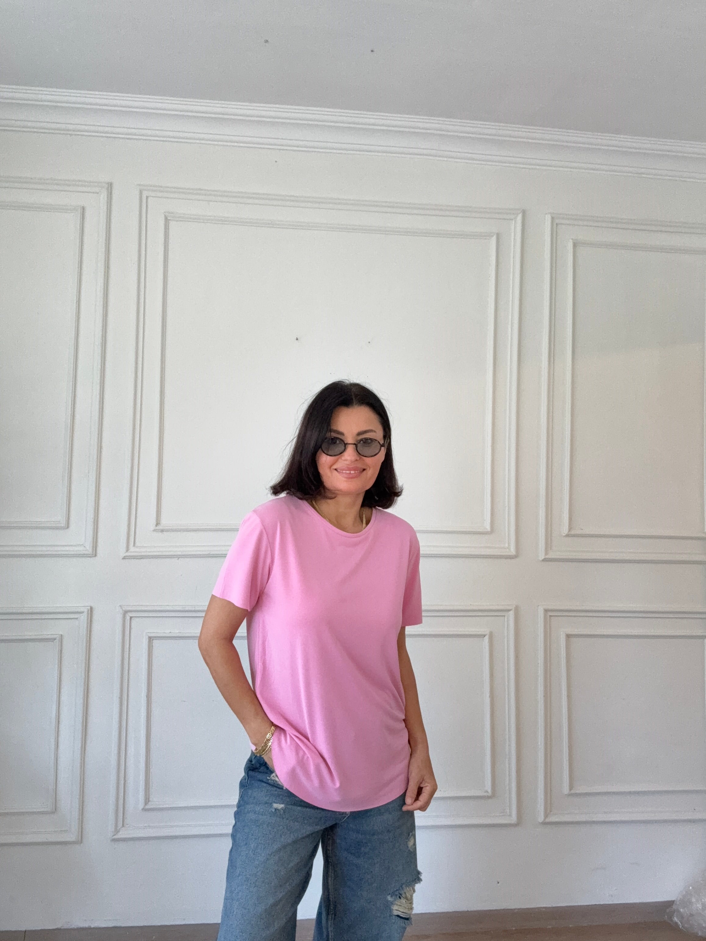 Sıfır Yaka Modal Basıc Tshırs Pembe