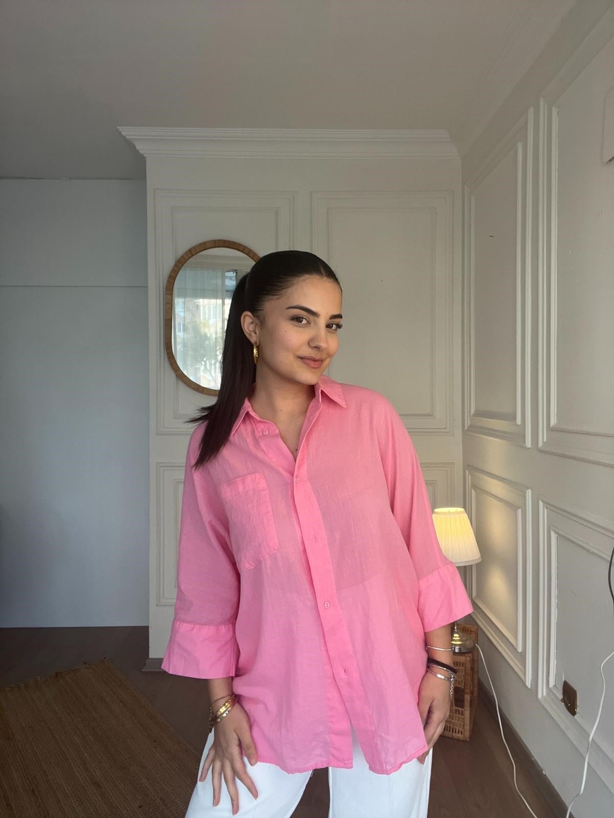 Truvakar Kol Tülbent Kumaş Gömlek Pembe