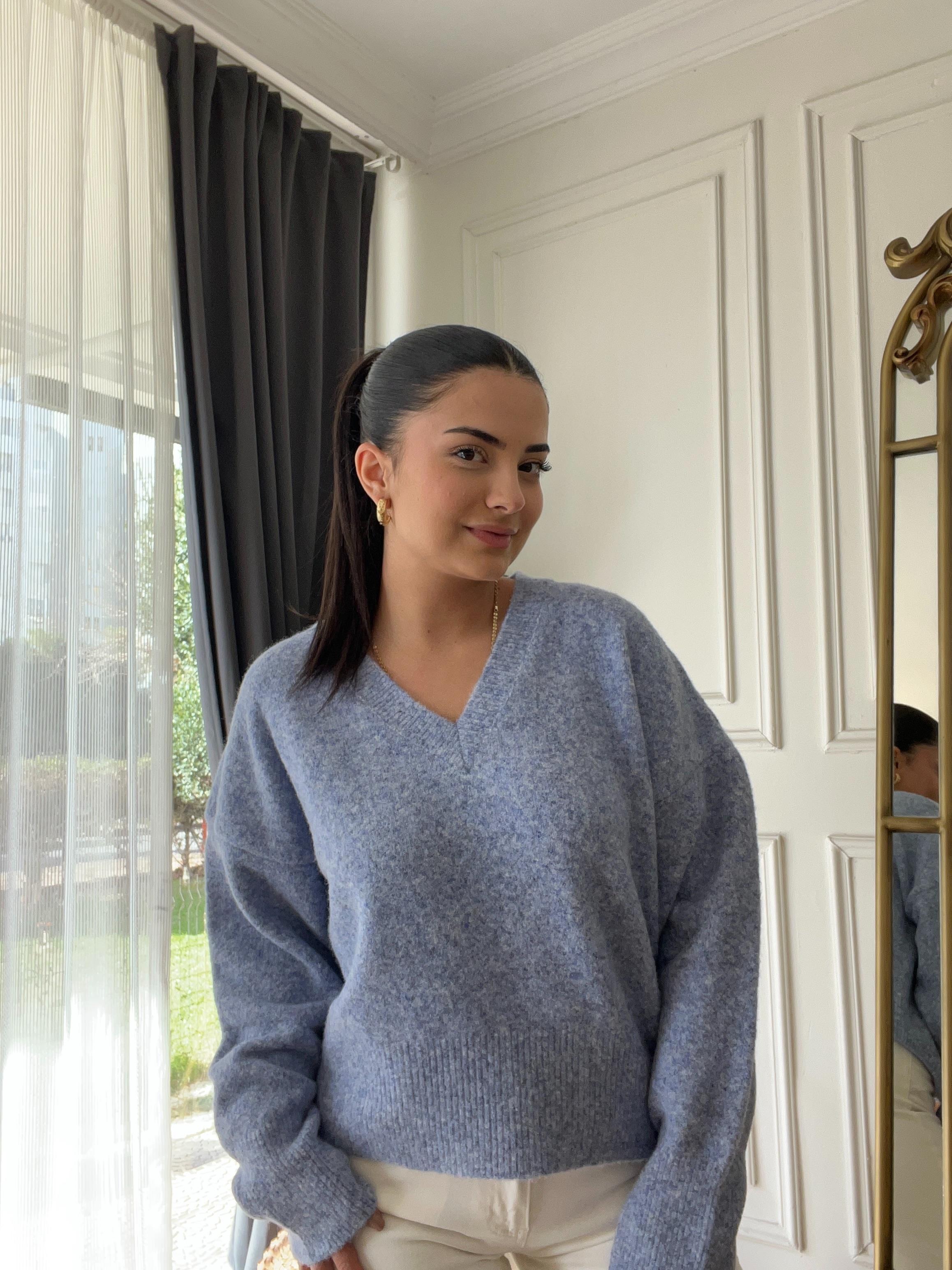 V Yaka Yumoş Kazak Mavi