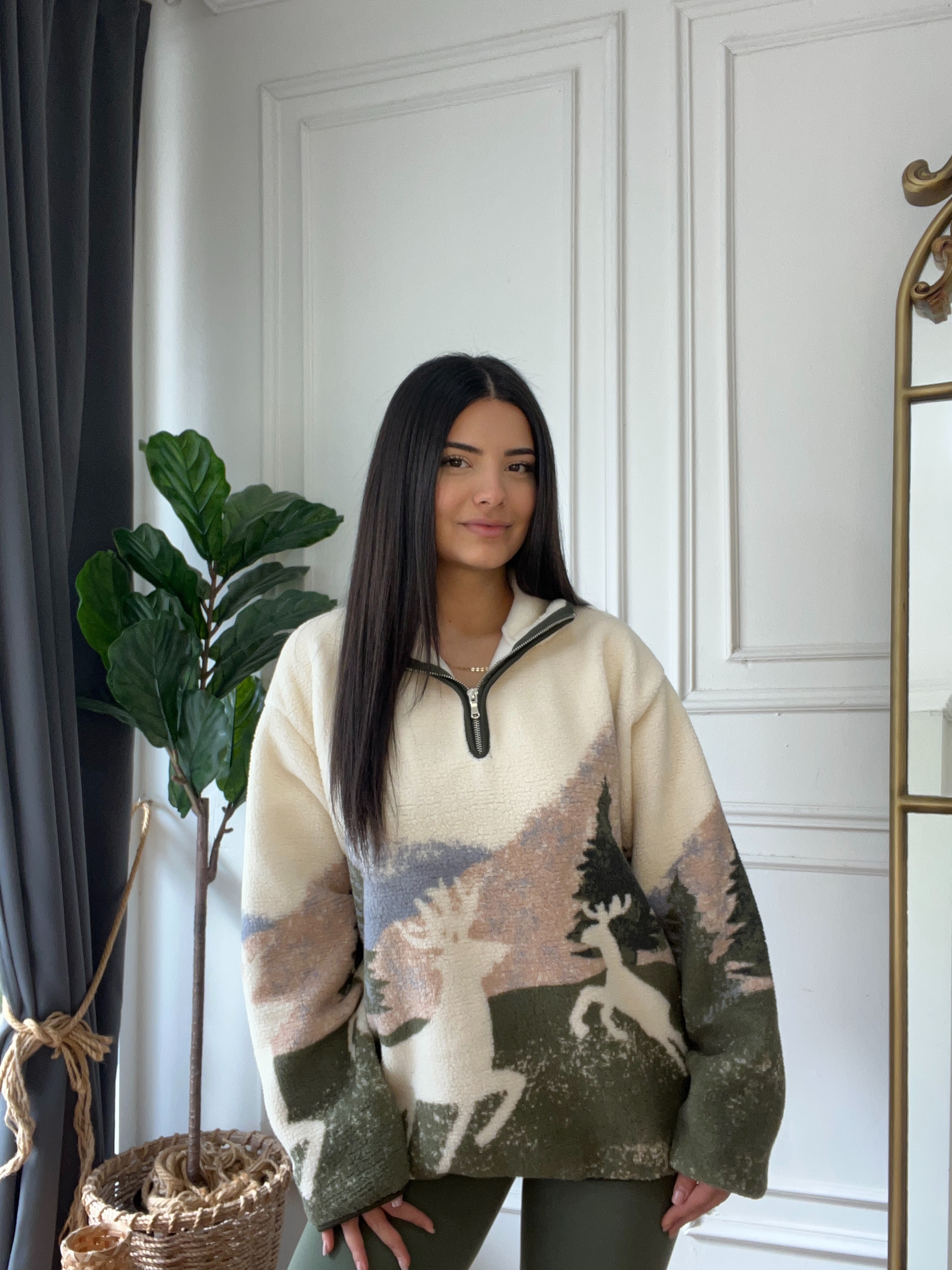 Yarım Fermuarlı Desenli Yumoş Polar Sweatshirt