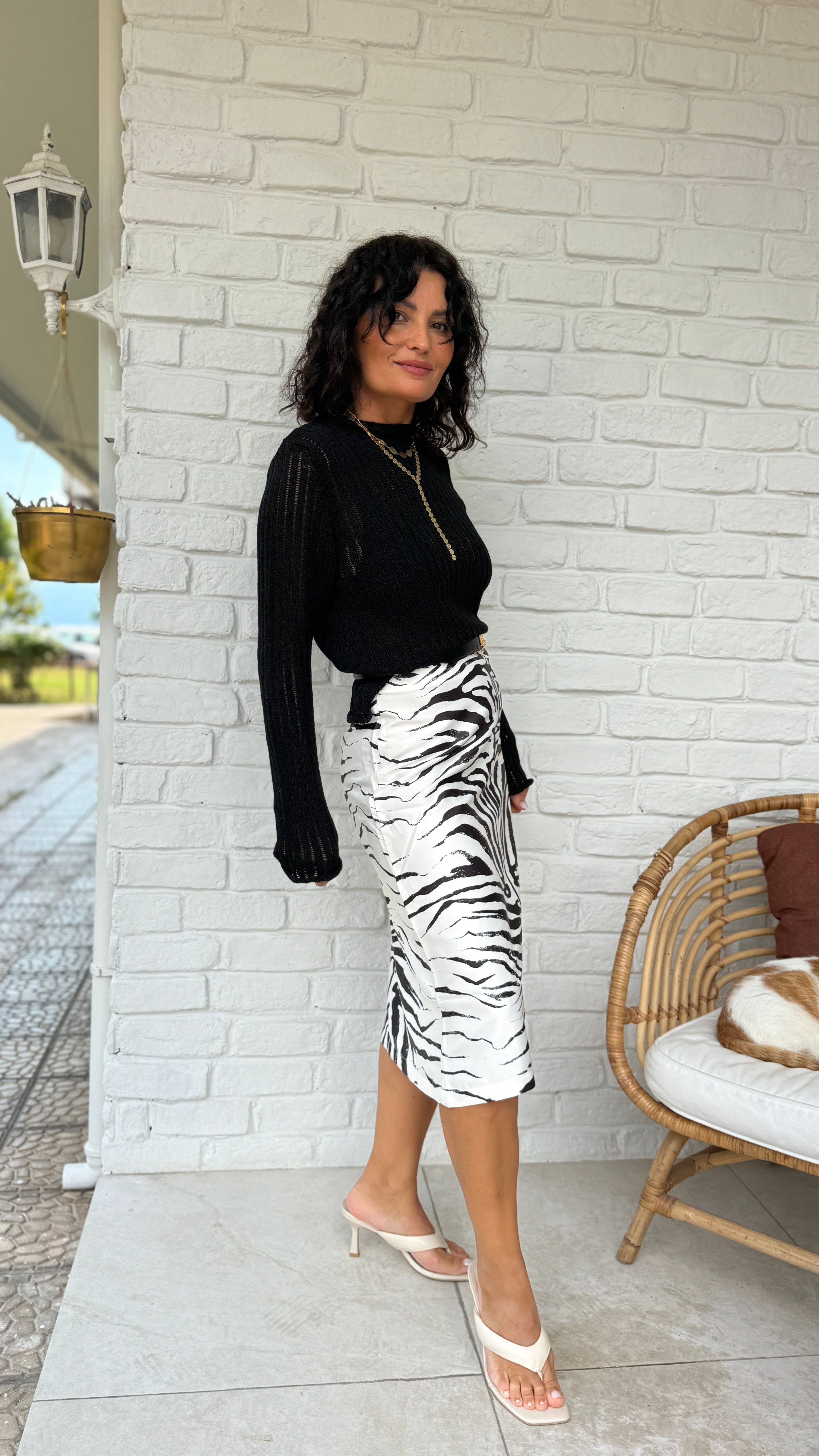 Zebra Desen Saten Midi Etek