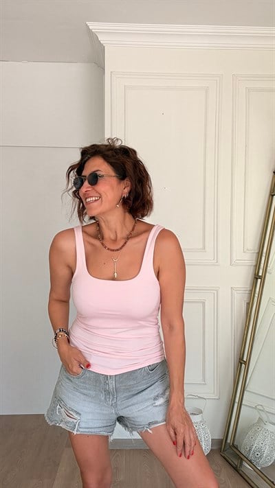 U Yaka Düz Atlet Pembe