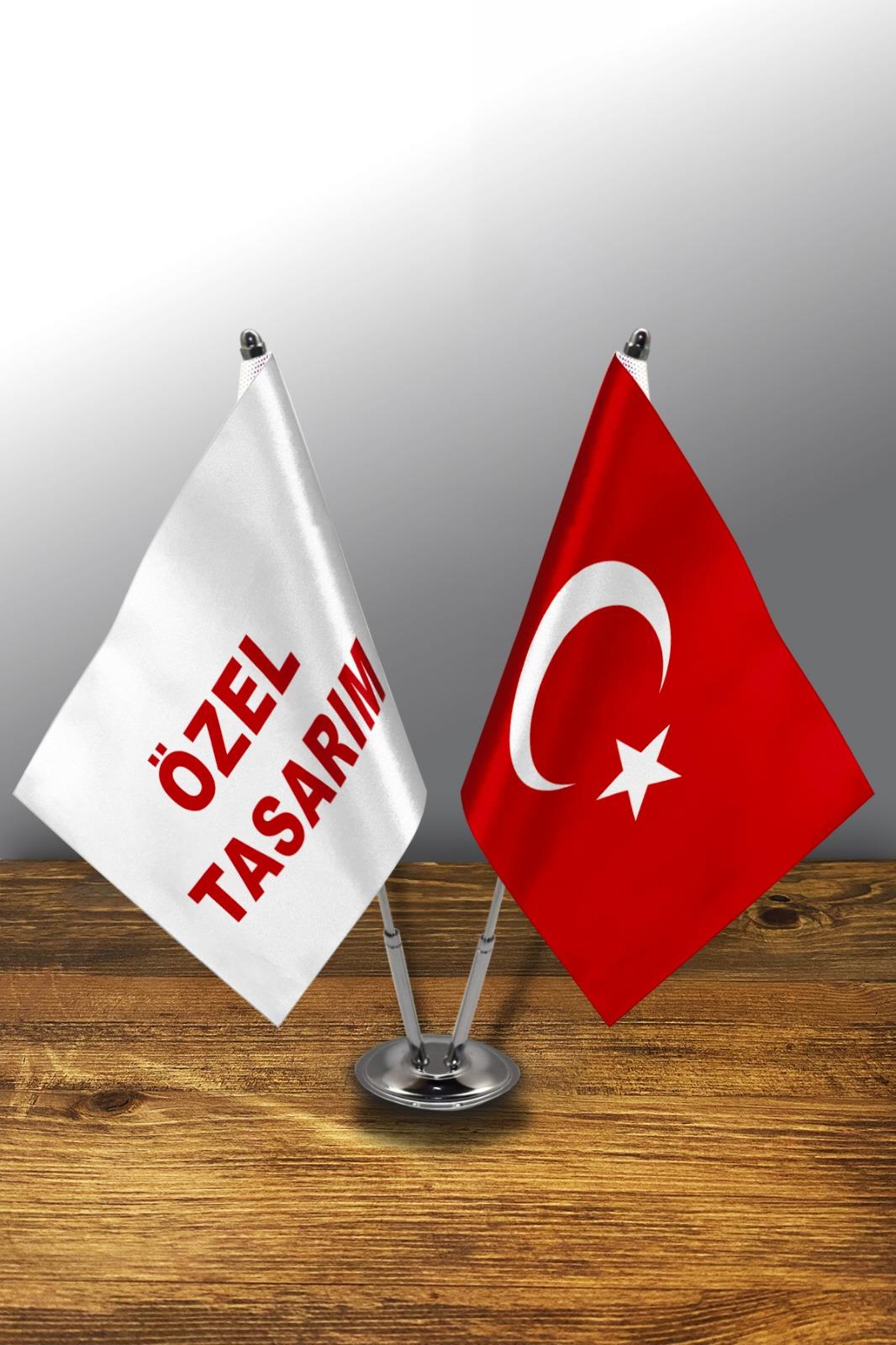 İkili Masa Bayrağı -Özel Tasarım ve Türk Bayrağı Set