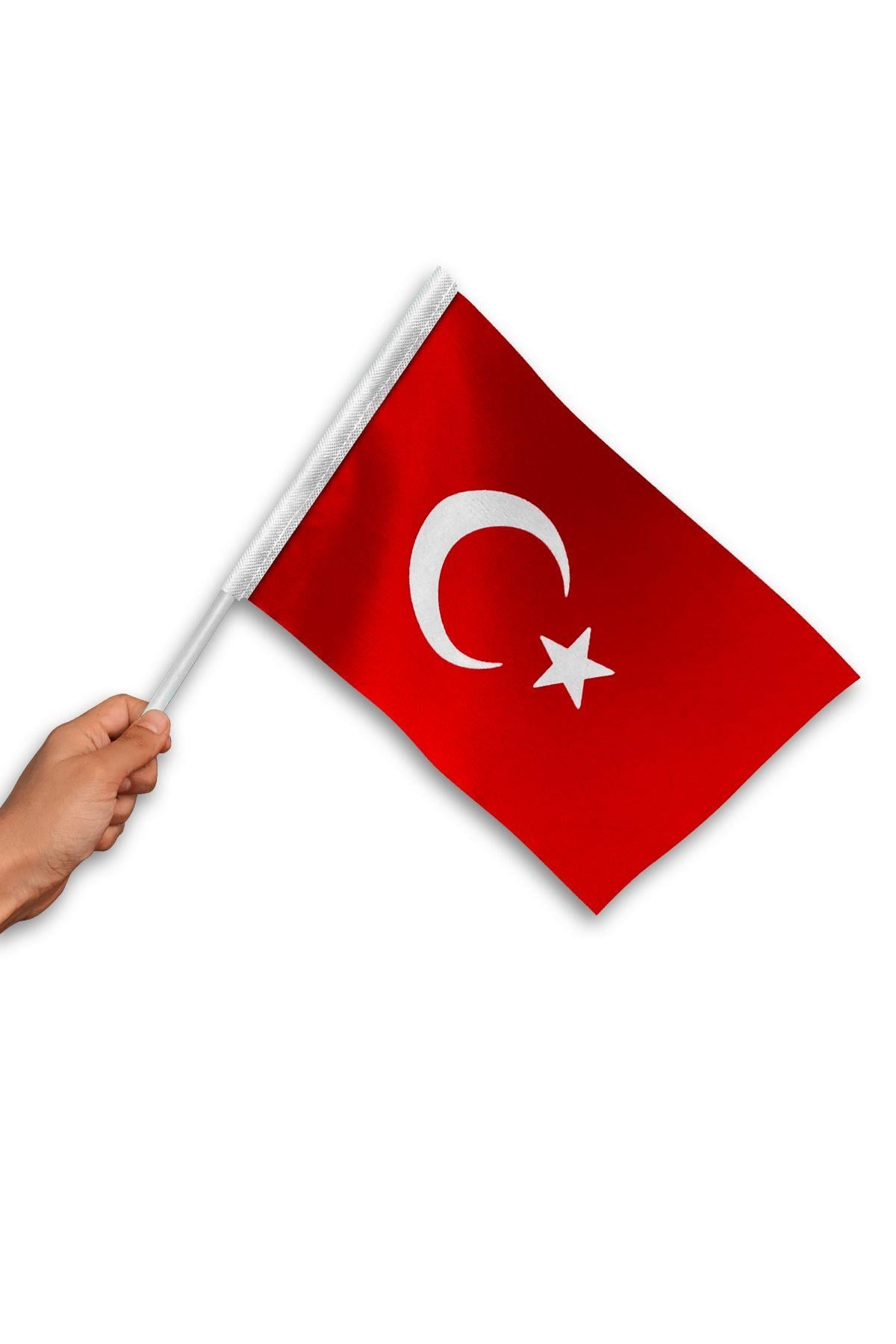 Sopalı Türk Bayrağı 30x45 cm (50 Adet) 1.Kalite Alpaka Kumaş
