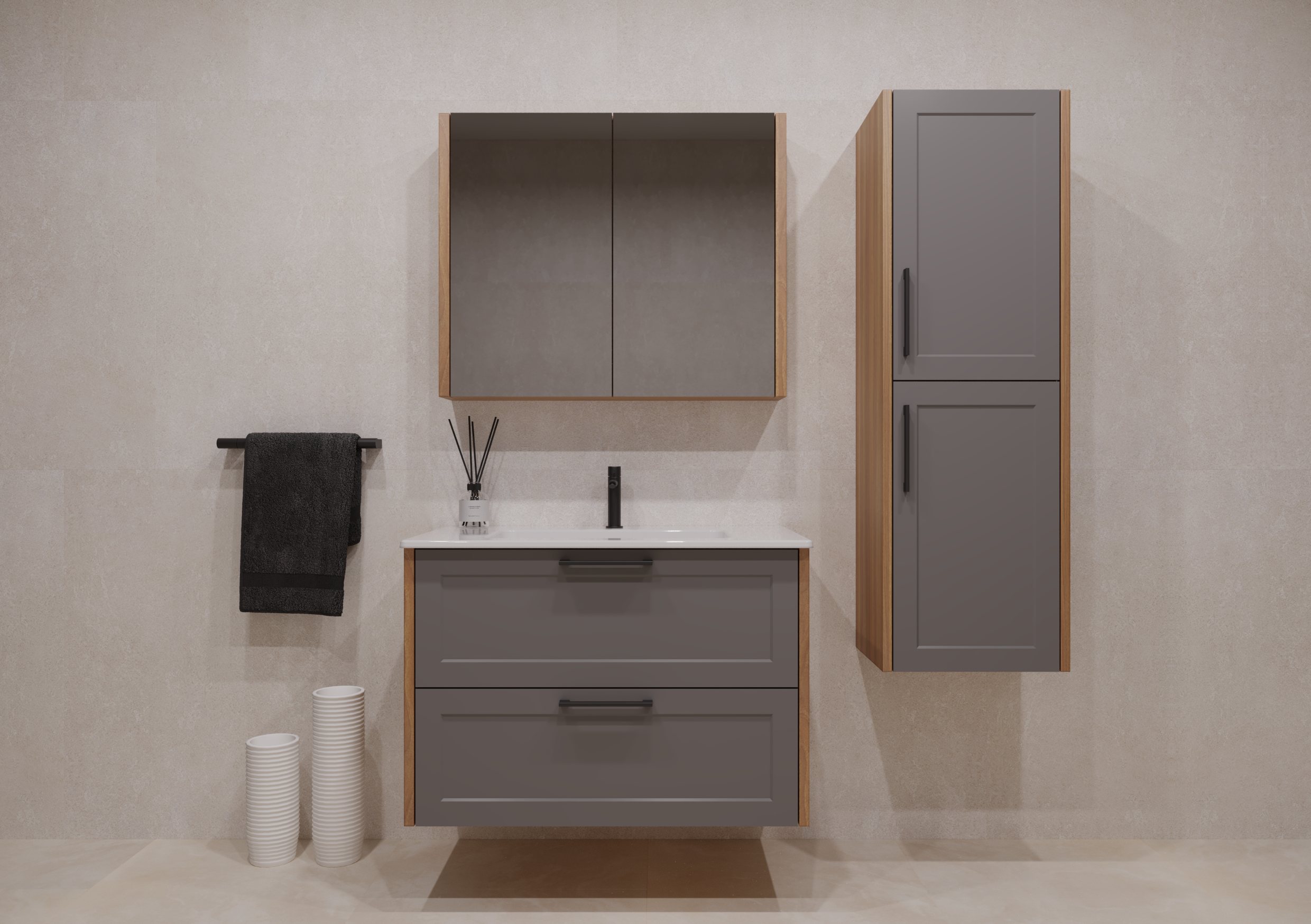 WoodBox Amalfi Banyo Dolabı 80x45 cm Anrasit/Meşe