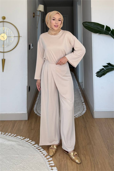 Aden Pike Orijinal Modal Kumaş Tunik-Pantolon Tesettür Takım- Krem