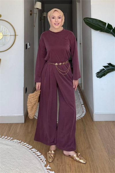 Aden Pike Orijinal Modal Kumaş Tunik-Pantolon Tesettür Takım- Mürdüm