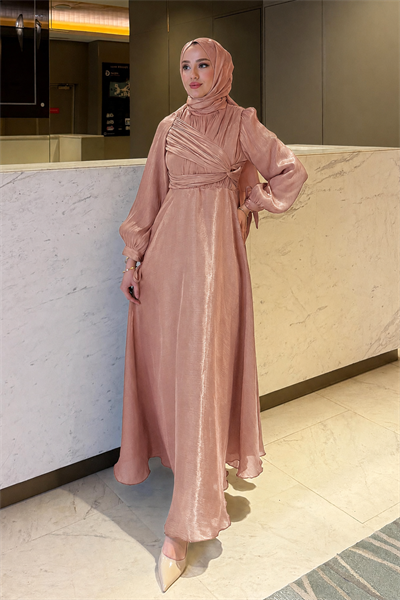Ala Model Yandan Dolamalı Janjan Kumaş Tesettür Abiye- Somon