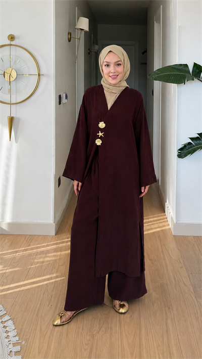 Asel Müslin Kumaş Broşlu Kap-Pantolon Tesettür Takım- Bordo