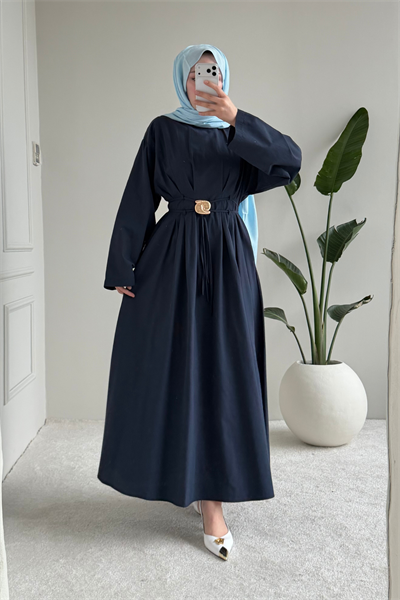 Bloom Tansel Kumaş Tokalı İp Bağlamalı Tesettür Elbise- Lacivert