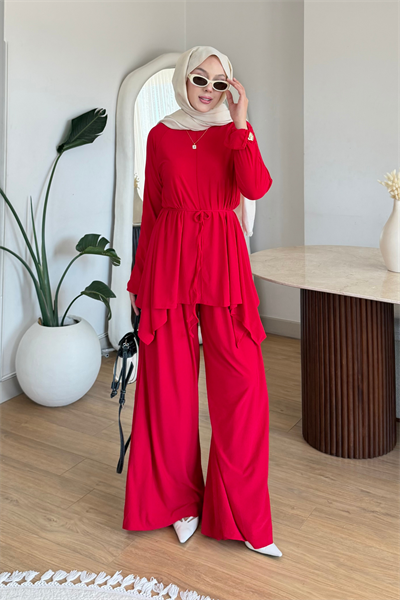 Boby İthal Sandy Kumaş Tunik-Pantolon Tesettür Takım- Kırmızı
