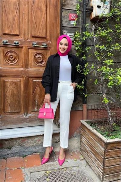 Cepli Kalem Paça Kumaş Pantolon Beyaz