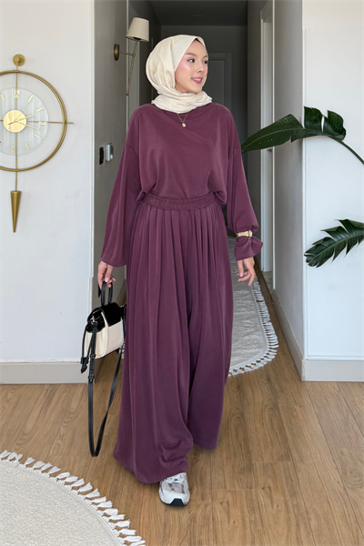 Chester Pike Orijinal Modal Kumaş Tunik- Pantolon Tesettür Takım- Mürdüm