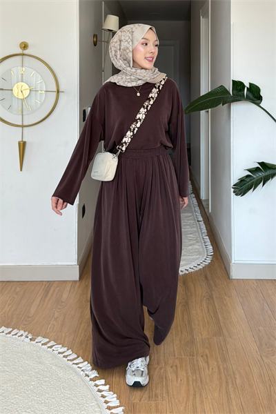 Chester Pike Orijinal Modal Kumaş Tunik- Pantolon Tesettür Takım- Kahverengi