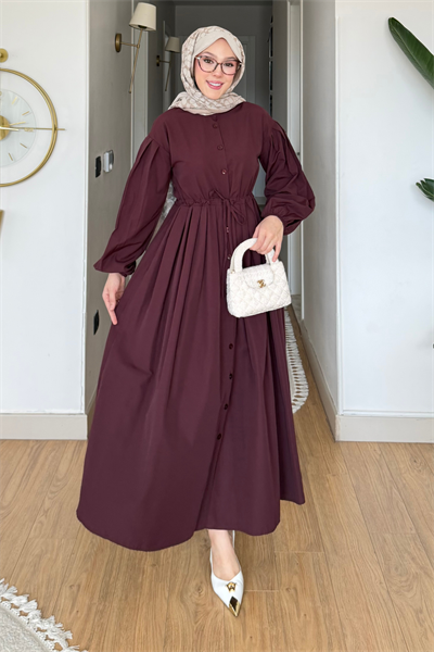Divol Poplin Kumaş Düğmeli Tesettür Elbise- Bordo