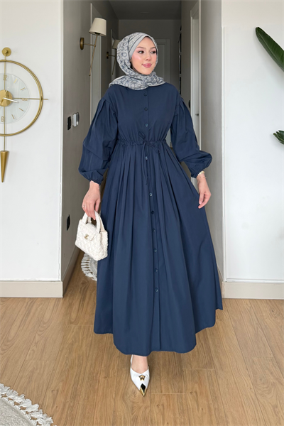 Divol Poplin Kumaş Düğmeli Tesettür Elbise- Lacivert