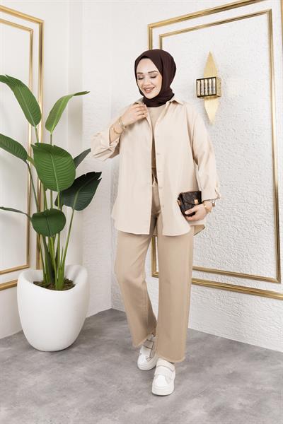 Gabardin Kumaş Boru Paça Pantolon-Krem