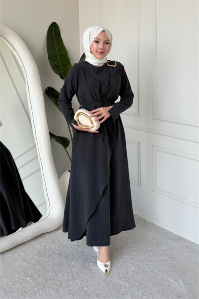 Goldest Cupra Tansel Tokalı Tesettür Elbise- Antrasit