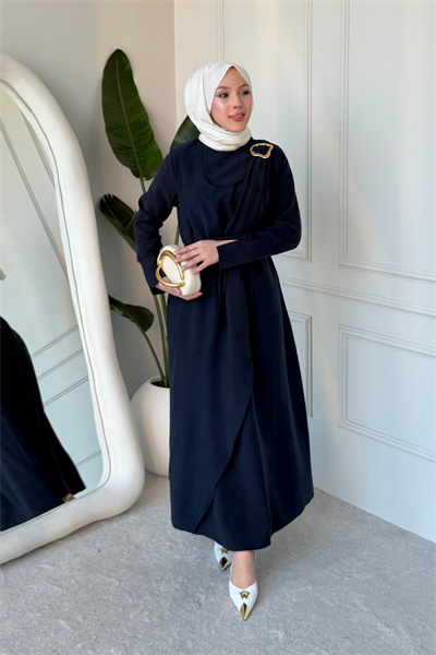 Goldest Cupra Tansel Tokalı Tesettür Elbise- Lacivert