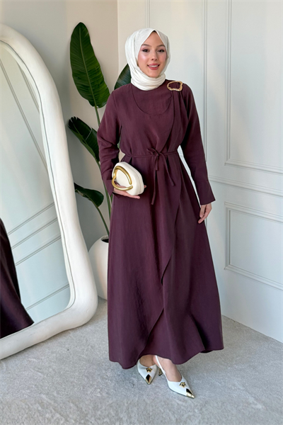 Goldest Cupra Tansel Tokalı Tesettür Elbise- Mürdüm