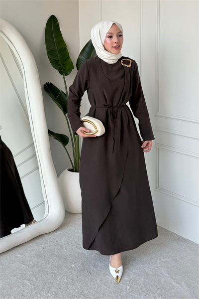 Goldest Cupra Tansel Tokalı Tesettür Elbise- Acı Kahve