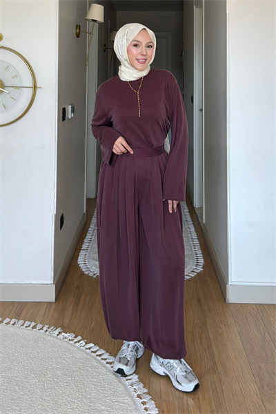 Habel Pike Orijinal Modal Kumaş Şalvar Pantolonlu Tesettür Takım- Mürdüm
