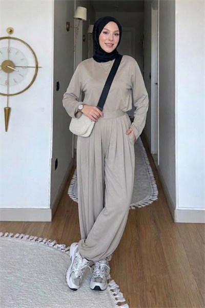 Habel Pike Orijinal Modal Kumaş Şalvar Pantolonlu Tesettür Takım- Bej