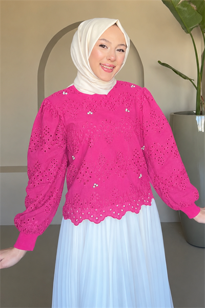 Hima Brode Dantel Kumaş Ribana Yaka  Ve Manşetli Bluz- Pembe