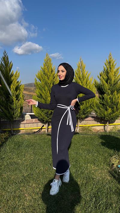 Kadın Bağlama Detaylı Triko Elbise -Lacivert