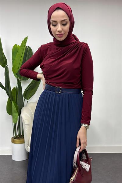 Kadın Büzgü Detaylı Dik Yaka Sandy Bluz -Bordo