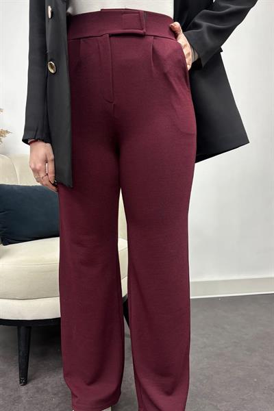 Kadın Likralı Krep Kumaş Cırt Cırtlı Pantolon-Bordo