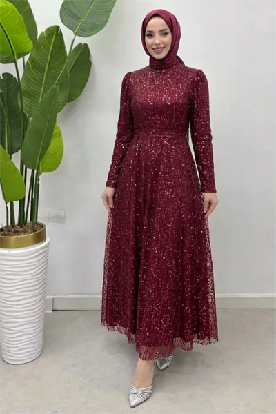 Kares Kuşaklı İşlemeli Tesettür Abiye- Bordo