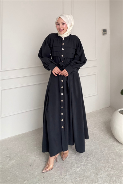 Liva Tansel Kumaş Önden Düğmeli Kuşaklı Tesettür Elbise- Antrasit