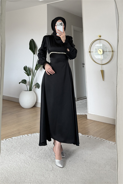 Matmazel Taşlı İp Bağlamalı Saten Tesettür Abiye- Siyah