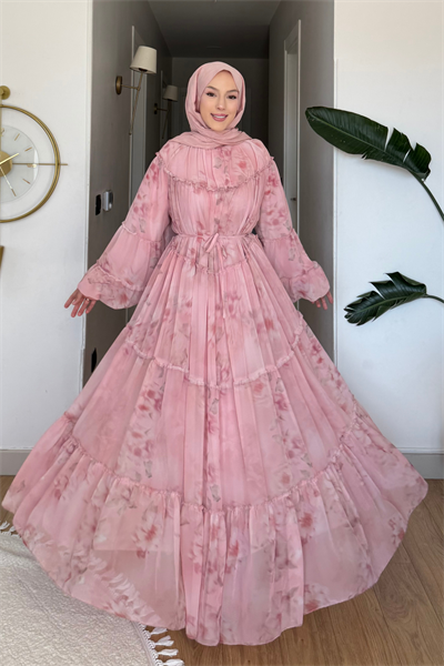 Moran Çiçek Desenli Şifon Kumaş Astarlı Tesettür Elbise- Pembe Standart Beden (36-42 Uyumlu)