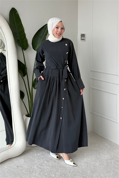 Penta Cupra Tansel Kumaş Kuşaklı Tesettür Elbise- Antrasit