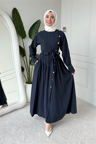 Penta Cupra Tansel Kumaş Kuşaklı Tesettür Elbise- Lacivert