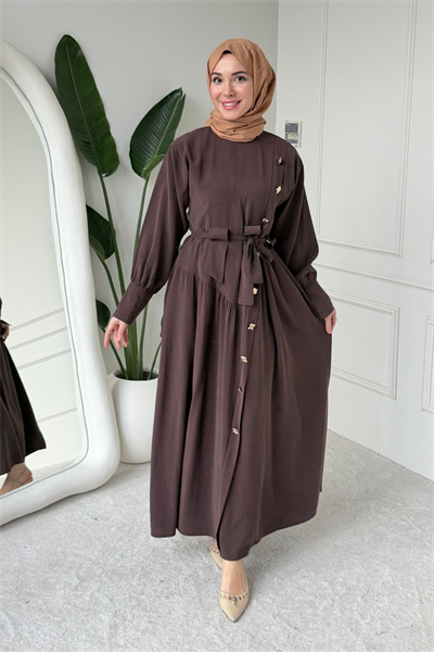 Penta Cupra Tansel Kumaş Kuşaklı Tesettür Elbise- Acı Kahve